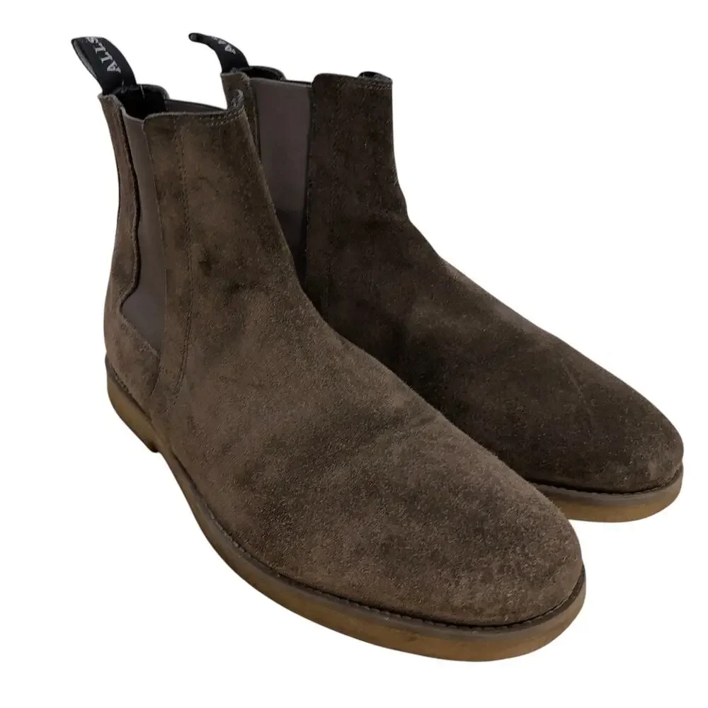 AllSaints Chelsea Boots Mens 9 Brown Suede Elastic Side Pull Tab Rubber Sole